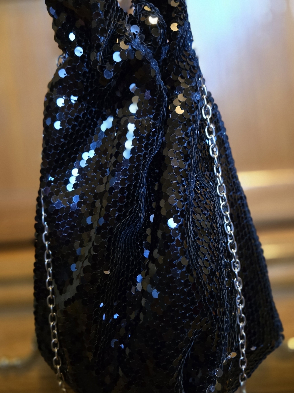 Black Sequin Evening Drawstring Bag